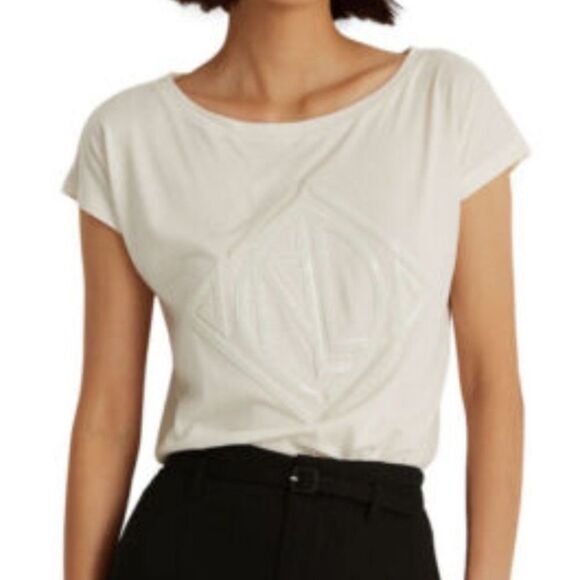 Lauren Ralph Lauren Ladies Winter Cream Sequined Logo Tee Shirt Size Medium - Picture 1 of 13